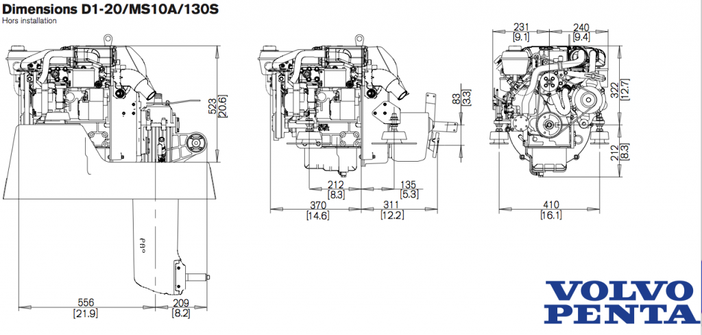 Plan d'encombrement moteur VOLVO PENTA D1-20 